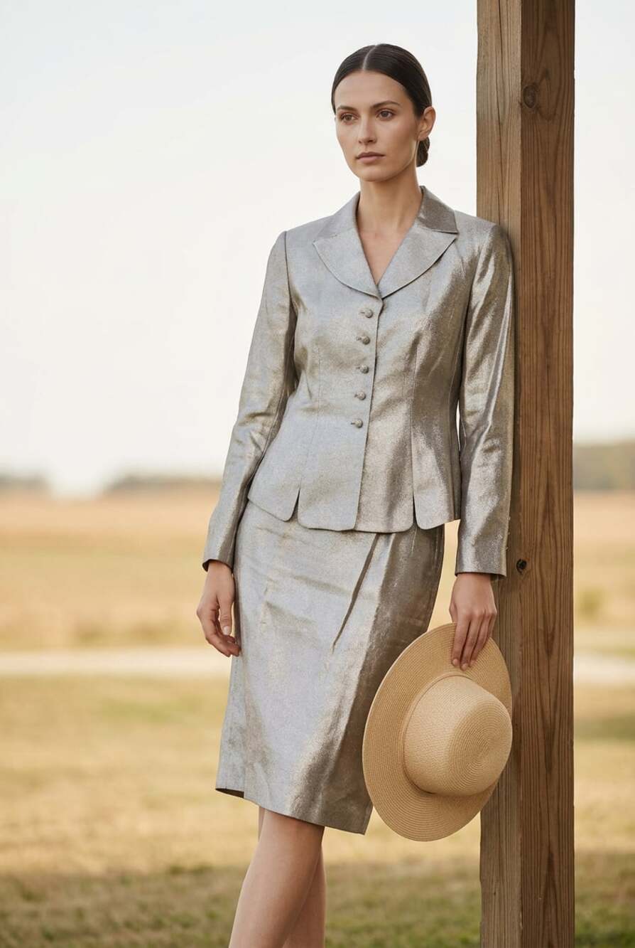 Albert Nipon Vintage Women's Metallic Silver Skirt Suit Set